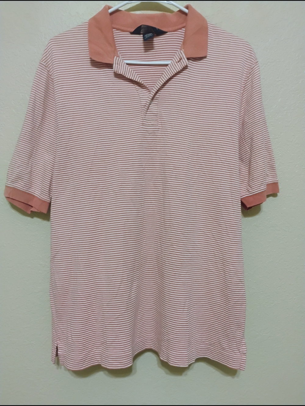 Lands’ End Polo Shirt Mens M Coral White Stripe Cotton Classic
